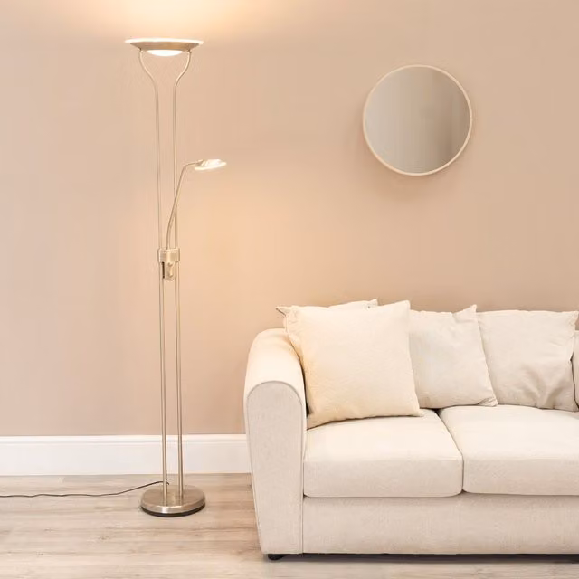 ValueLights Beata Integrated LED Uplight Floor Lamp with Task Reading Side Lamp in Silver Chrome