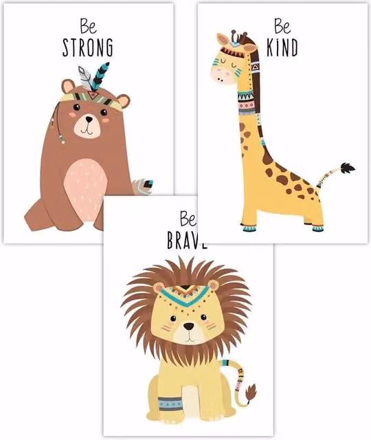 ARTZE Set of 3 Tribal Animal Nursery Art Posters in Yellow and Multicolour, W: 30 cm, H: 42 cm