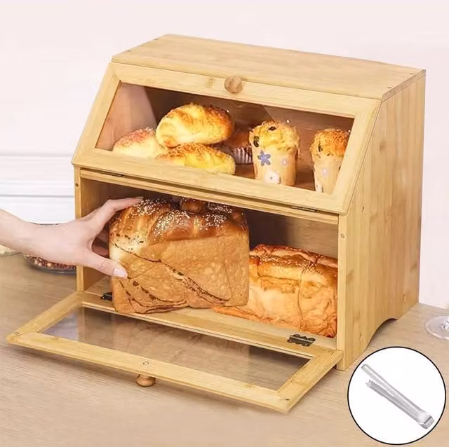 Hinsinc Double Layer Bamboo Wooden Bread Box Storage Container, Beige, W: 32.0 cm, D: 39.0 cm, H: 1.0 cm