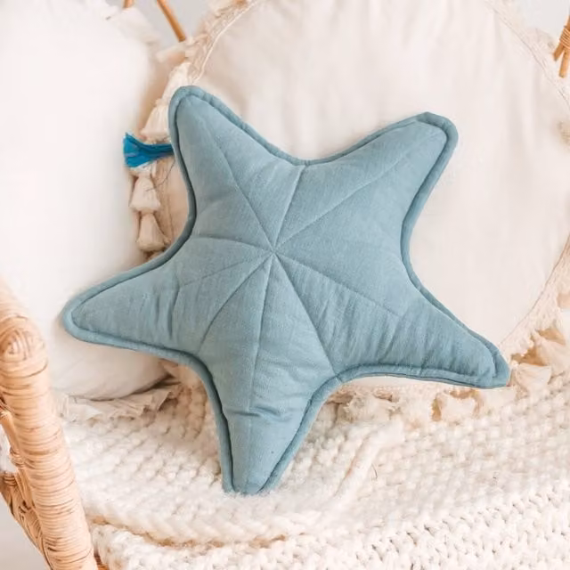 Minicamp Round Linen Starfish Cushion in Mint Green and Blue, Diameter: 48 cm