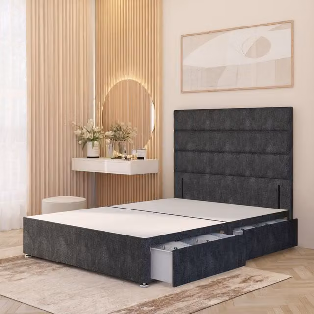 Horizona Grey Fabric Divan Bed Base with 4 Drawers and 54 inch Floor Standing Headboard, W/D/H: 140 x 200 cm