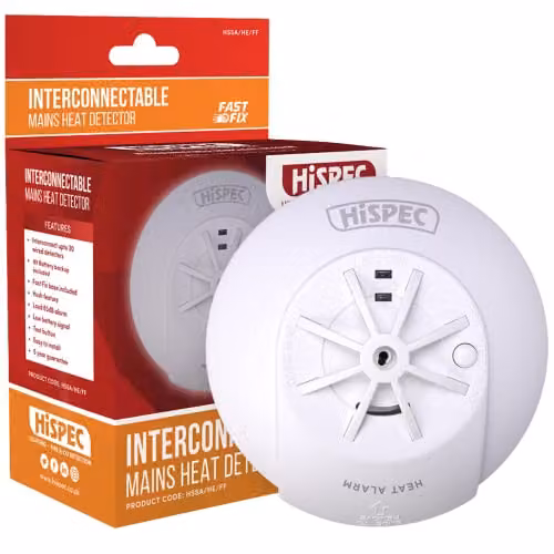Hi-Spec Interconnectable Fast Fix Mains Heat Detector in White with 9V Backup Battery