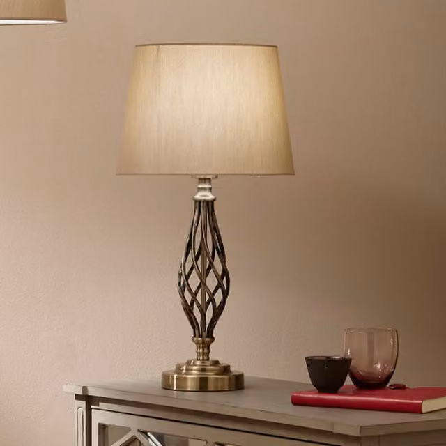 Pacific Lifestyle Twist Base Table Lamp with Champagne Fabric Shade in Gold and Brass