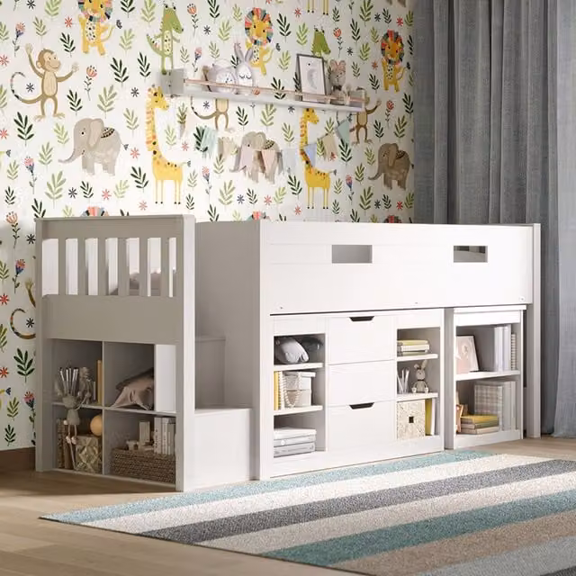 Flair Furnishings Charlie Mid Sleeper Cabin Bed with Stairs and Storage in White and Grey