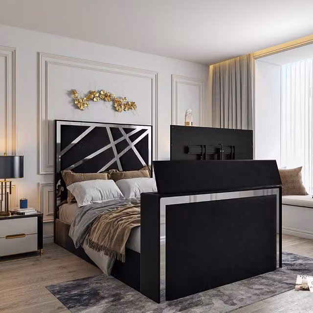 Casani Rayleigh Modern Upholstered Soft Velvet TV Bed Frame in Silver, 180 x 200 cm