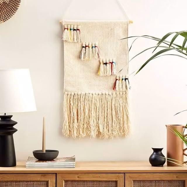 Wyld and Coco Handwoven Boho Textile Wall Hanging in Beige and Multicolour, W: 46 cm, H: 108 cm