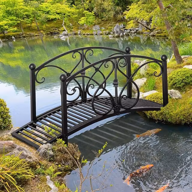 OUTSUNNY Decorative Metal Garden Bridge with Railings for Creek or Pond in Black