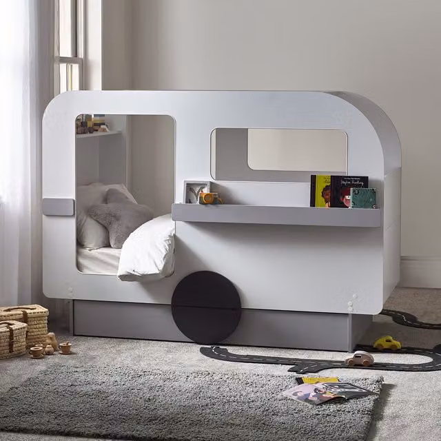 Julian Bowen Tourer Childrens Bed in Grey, White and Black with Bedside Shelf and Drawers