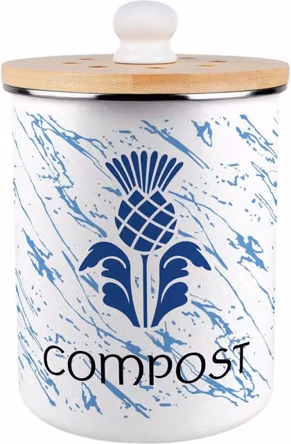 Purely Home Scottish Thistle Compost Caddy - Blue and White Metal Kitchen Food Waste Bin with Removable Inner Bucket and Odour Filter, 2L, W: 16.5 cm, D: 22.5 cm, H: 22.5 cm