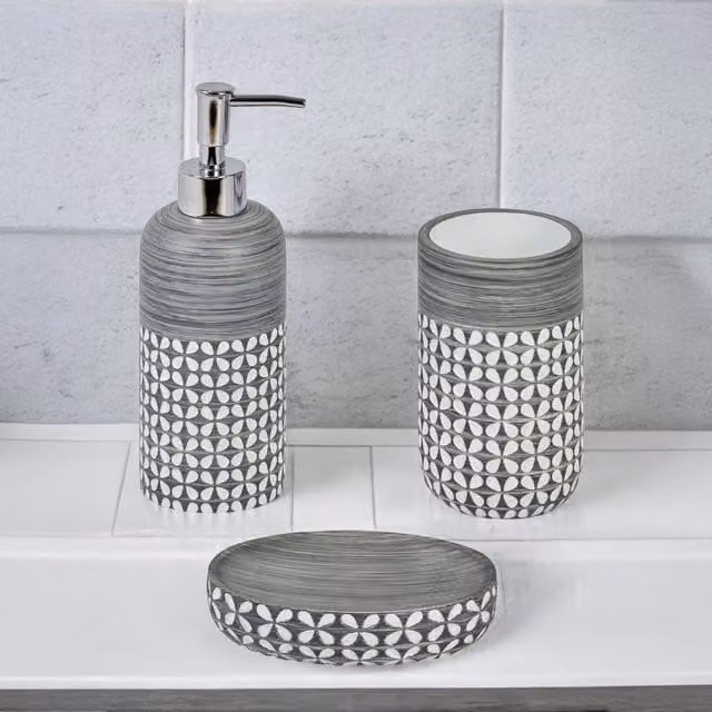 Showerdrape Ravello Geo Floral 3 Piece Ceramic Bathroom Accessory Set in Grey and White