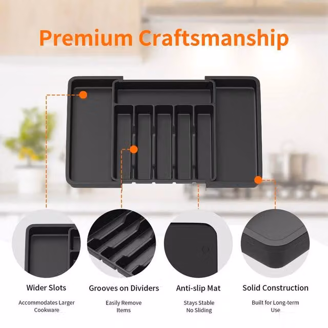 FORGEVIO Black Plastic Cutlery Tray with Compartments