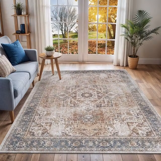 Livabliss Lilian Washable Vintage Boho Traditional Living and Dining Rug in Multicolour Burnt Orange, Blue and Brown, W/D/H: 120 x 170 cm