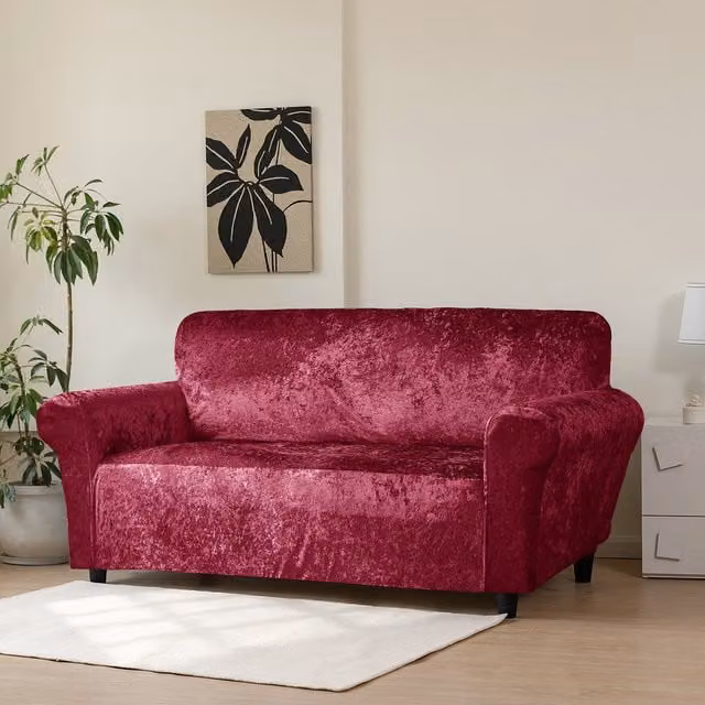 Home Republic Red Crushed Velvet Stretch Sofa Cover for 2 Seater Sofas