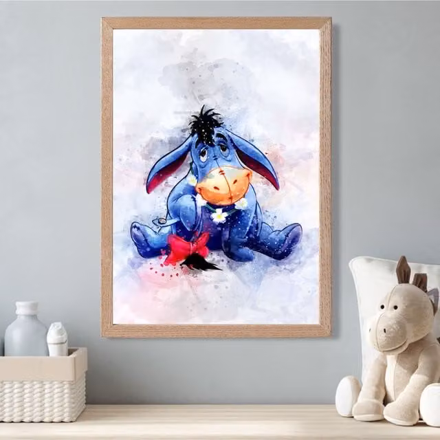 ARTZE Eeyore Watercolour Winnie the Pooh Art Print with Oak Wood Frame in Purple and Blue, A2 Size