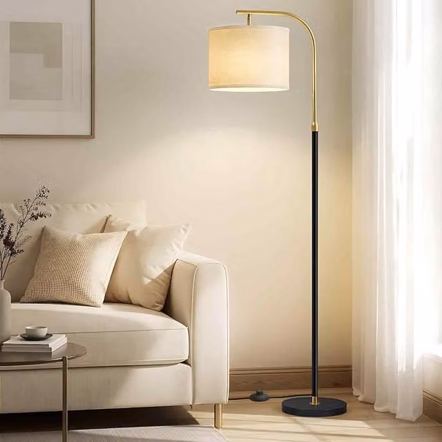 The Bazaarist Modern Arc Floor Lamp with Adjustable Height and Fabric Shade in Black