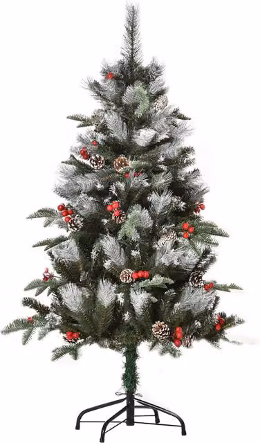 HOMCOM 4ft Artificial Snow Dipped Christmas Pencil Tree with Berries and Pinecones, Green