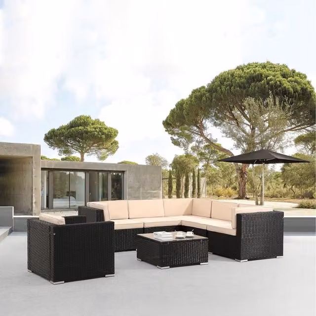 Arebos Porto Black Polyrattan Garden Furniture Set with U-Shape Corner Element, Lounge Armchair, Coffee Table and Weather-Resistant Cushions