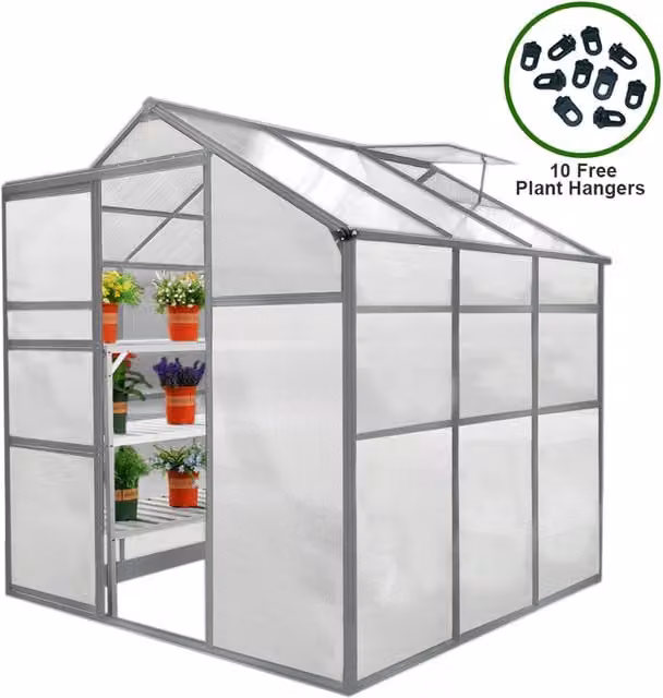 MonsterShop Silver Polycarbonate Greenhouse with Sliding Windows and Aluminium Frame