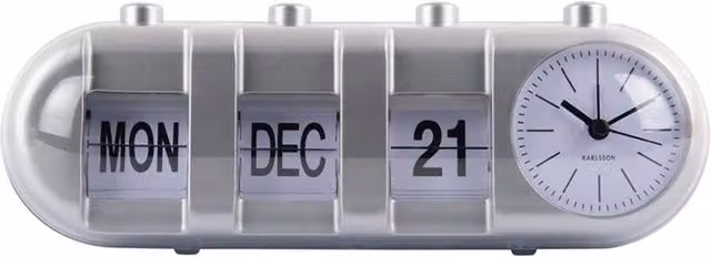 PRESENT TIME Karlsson Retro Silver Tabletop Analog Alarm Clock with Flip Calendar and Date Display