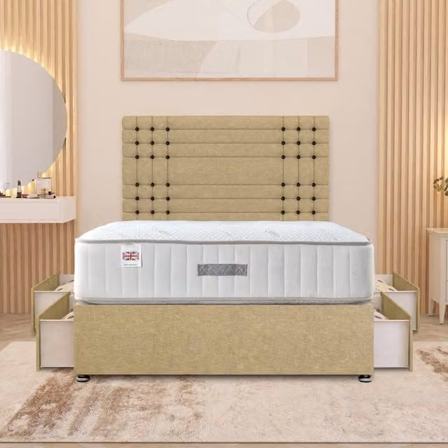 Somnior Beds Ltd Saville Linen Divan Bed Set with 32 inch Headboard and Orthopaedic Mattress in Beige, W/D/H: 180 x 200 cm