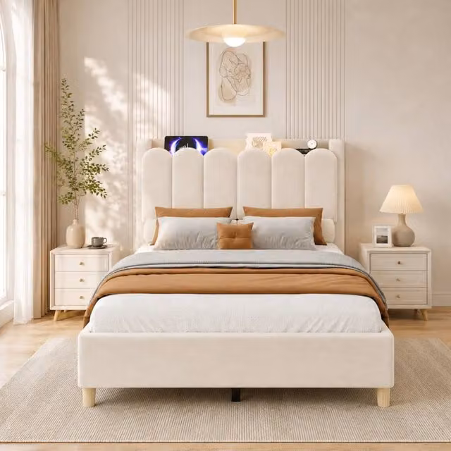 Merax Modern Beige Velvet Single Bed with Integrated Reading Light, USB Charging Port and Side Compartments, 90 x 190 cm