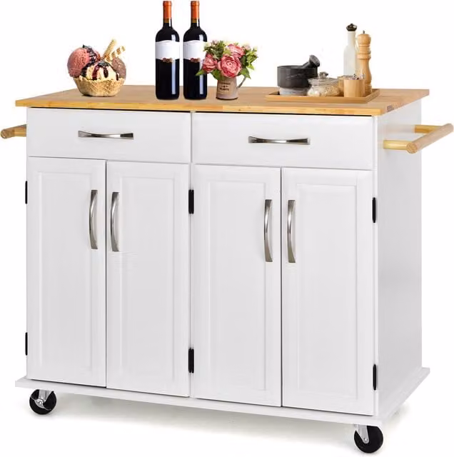 COSTWAY White Utility Storage Trolley Cart with Rubberwood
