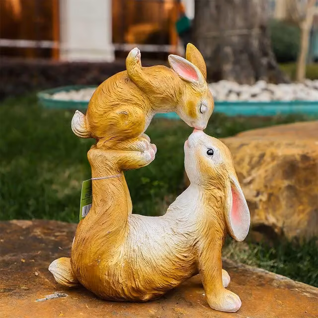 Voltico Easter Mother and Baby Hare Garden Ornament, Light Brown Resin Spring Bunny Decor, Height: 33 cm
