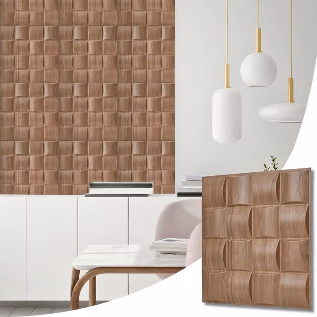 NOVECRAFTO Brown Wood Look 3D PVC Wall Panels with Square Geometric Lattice Design, W/D/H: 50 x 50 x 0.25 cm