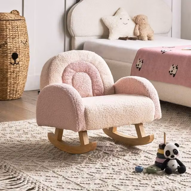 Wyld and Coco Kids Boucle Rocking Chair in Pastel Pink with Armrests and Rubberwood Frame