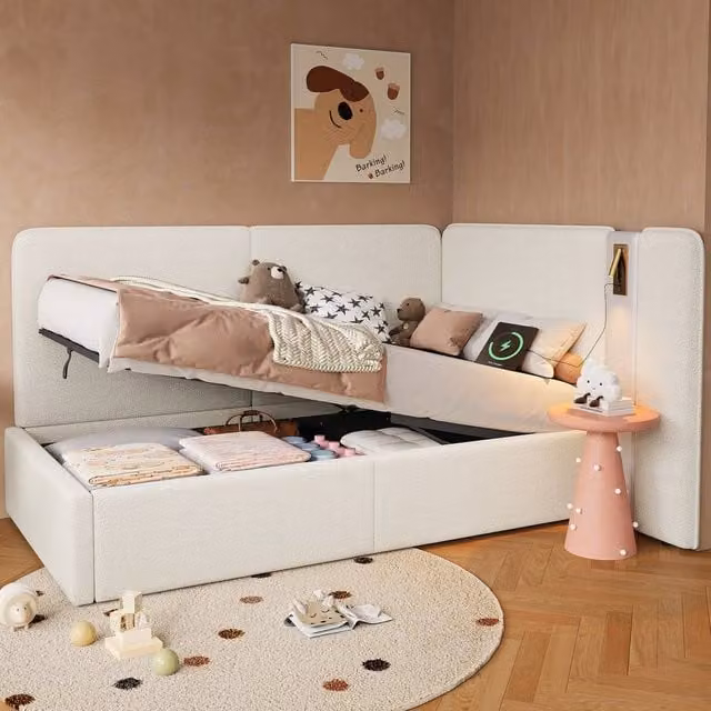 BTM Single Upholstered Daybed with Lift-Up Storage, USB Charging Port and Reading Light, Beige, W/D/H: 190 x 90 x 87 cm