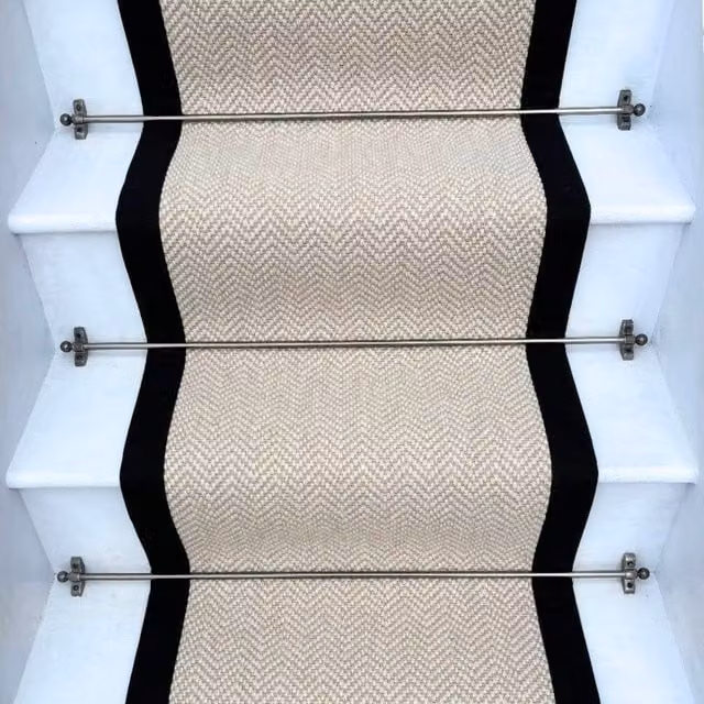 RainbowHome Herringbone Wool Stair Runner in Chalk Beige with Black Cotton Border, W: 60 cm, L: 700 cm