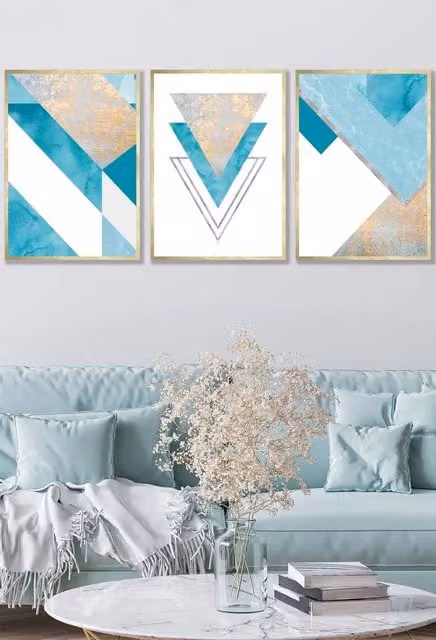 ARTZE Set of 3 Mid Century Geometric Abstract Wall Art in Aqua Blue and Gold, W: 53 cm, H: 73 cm, D: 2 cm