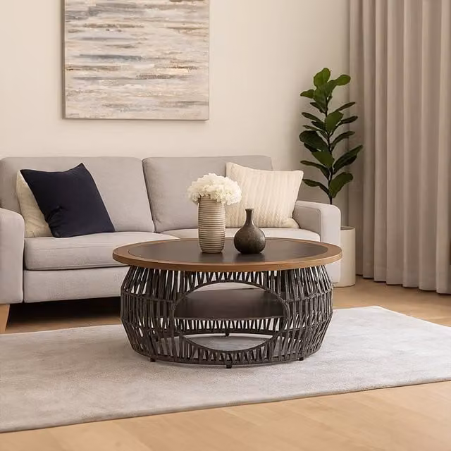 Orsina Grey Round Coffee Table with Natural Stone and Wood Top, W/D/H: 110 x 110 x 47 cm