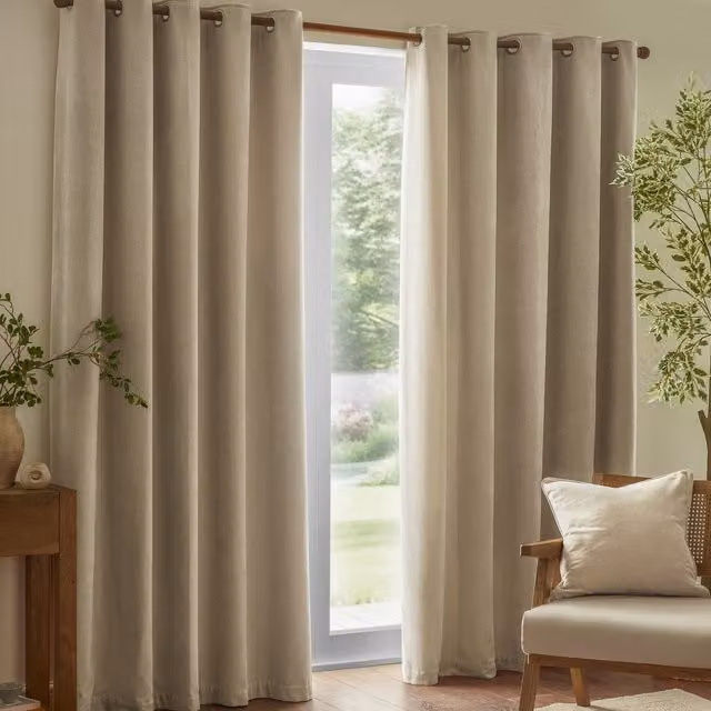 Make It A Home Heavy Chenille Velvet Room Darkening Eyelet Curtains in Beige Yellow, W: 137 cm, H: 117 cm