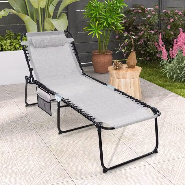 Costway Oversize Folding Chaise Lounge in Grey with Adjustable Headrest