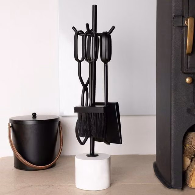 Charles Bentley Birch Fireside Companion Set with Freestanding Metal Stand in Black