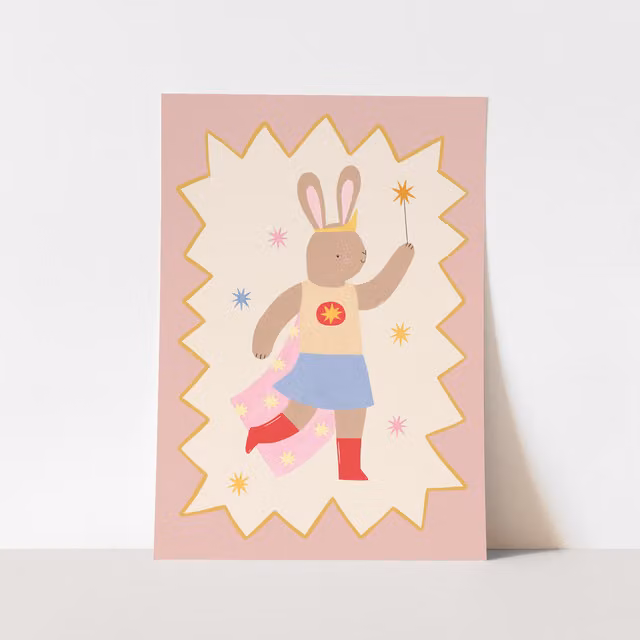 Kid of the Village Star Bunny Superhero Pink Fine Art Paper Poster, W: 50 cm, H: 70 cm