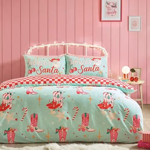 Catherine Lansfield Santa's Howdy Christmas Reversible Duvet Cover and Pillowcase Set, Green, W/D/H: 180 x 200 cm, Pillowcases: 50 x 75 cm