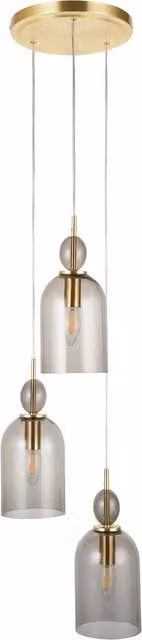 First Choice Lighting Pebble 3-Light Ceiling Pendant Light with Satin Brass Plate and Smoked Glass