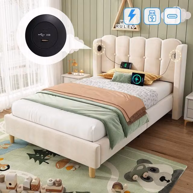 Matteo Beige Velvet Upholstered Single Bed with USB Charging Port, W: 90 cm, L: 190 cm