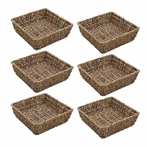 JVL Hand Woven Seagrass Square Storage Tray Set of 6 in Sand and Brown, H: 8 cm, W: 25 cm, D: 25 cm