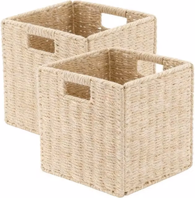 Kelvenix Set of 2 Foldable Open Weave Storage Baskets with Handles, Beige