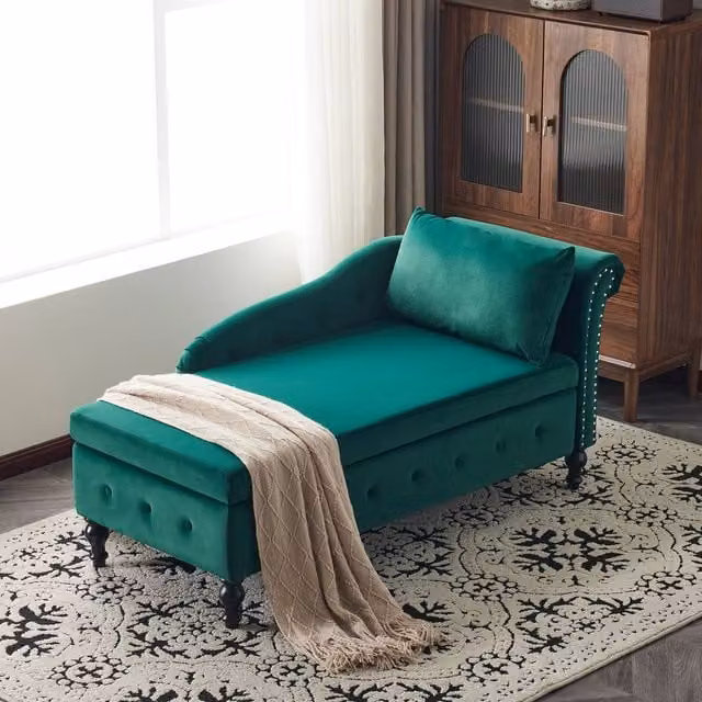 Rolipo Green Velvet Chaise Lounge with Storage and Right Armrest