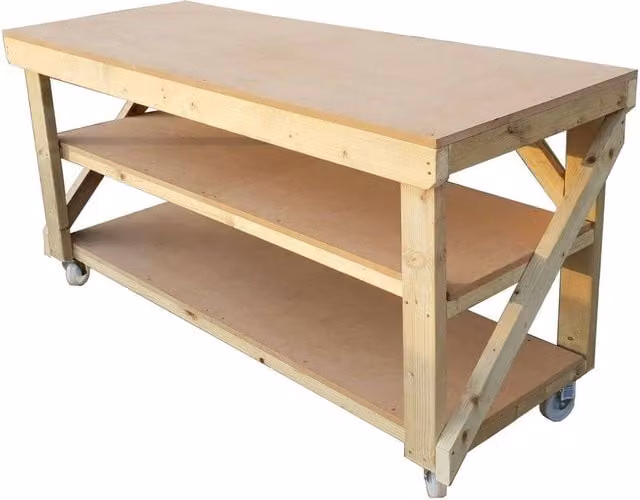 Arbor Garden Solutions Natural MDF Top Workbench with Double Shelf and Wheels, Width: 180 cm