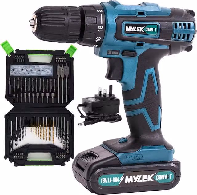 MYLEK Cordless LED Drill with 128-Piece 4ORCE Accessory Kit in Blue and Black