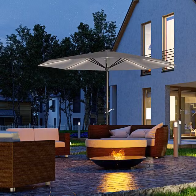 Outsunny Patio Parasol Umbrella with Solar Lights and Crank Handle in Charcoal Grey