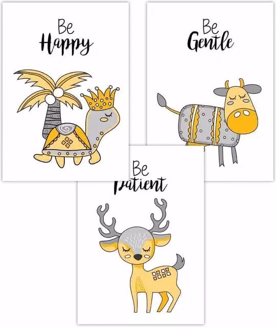 ARTZE Set of 3 Scandi Nursery Deer Animal and Typography Wall Posters in Yellow and Grey, W: 42 cm, H: 59 cm