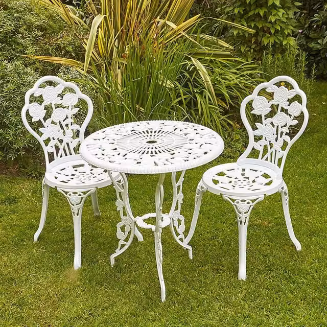 Home Source Rose 2 Seater Bistro Set in White Powder Coated Aluminium for Garden, Balcony or Terrace