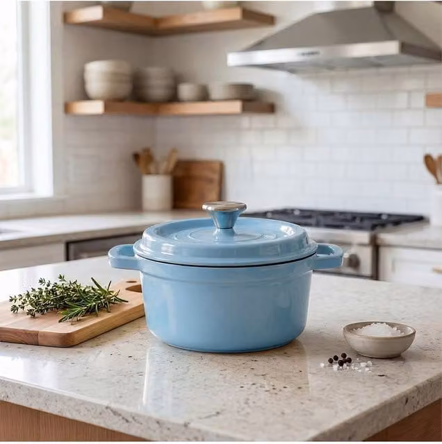Living and Home Enamelled Cast Iron Dutch Oven Casserole Pot with Glass Lid, Blue, 5 l