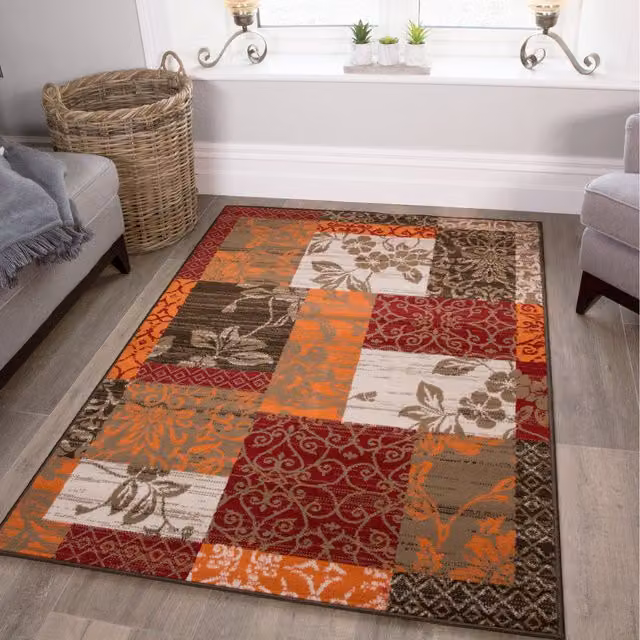 The Rug House Red and Brown Floral Patchwork Boho Living Room Rug, W: 365 cm, D: 280 cm